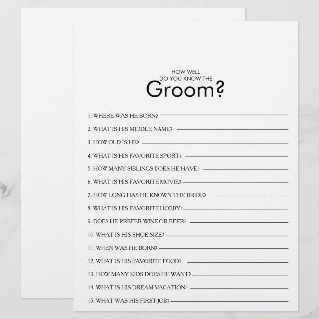 How Well Do You Know the Groom Bridal Shower Game (Front/Back)