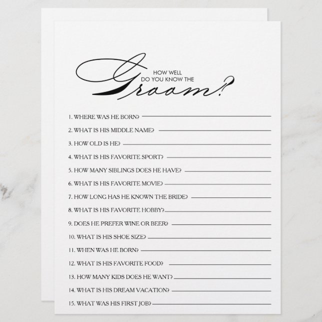 How Well Do You Know the Groom Bridal Shower Game (Front/Back)