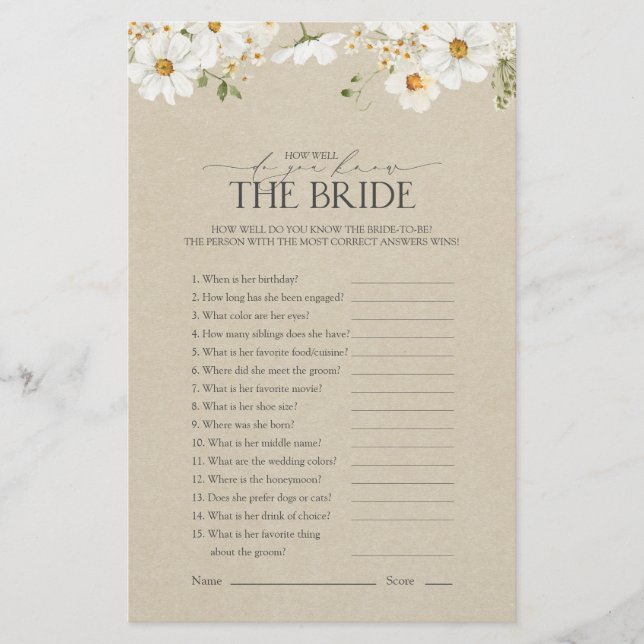 How Well Do You The Bride Daisy Bridal Shower Game (Front)