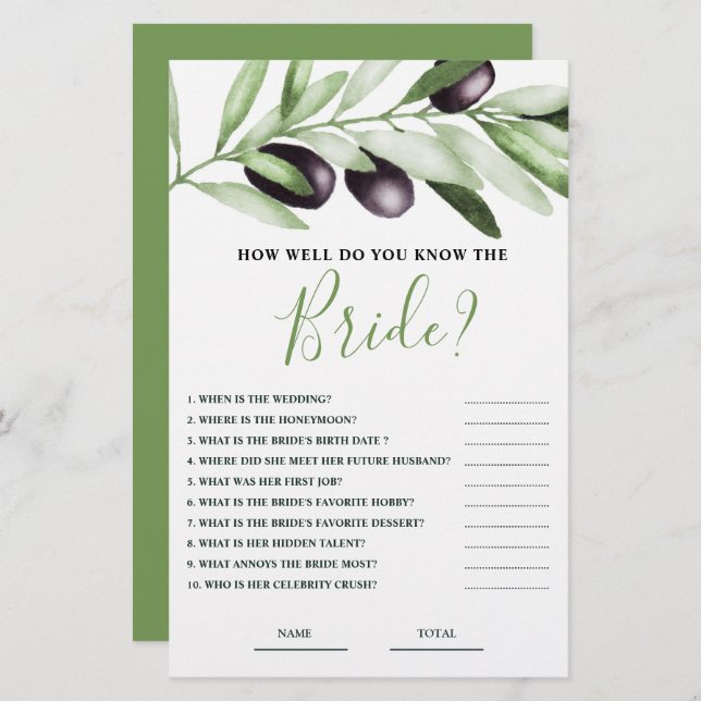 How well know Bride Olive Branch Bridal Game (Front/Back)