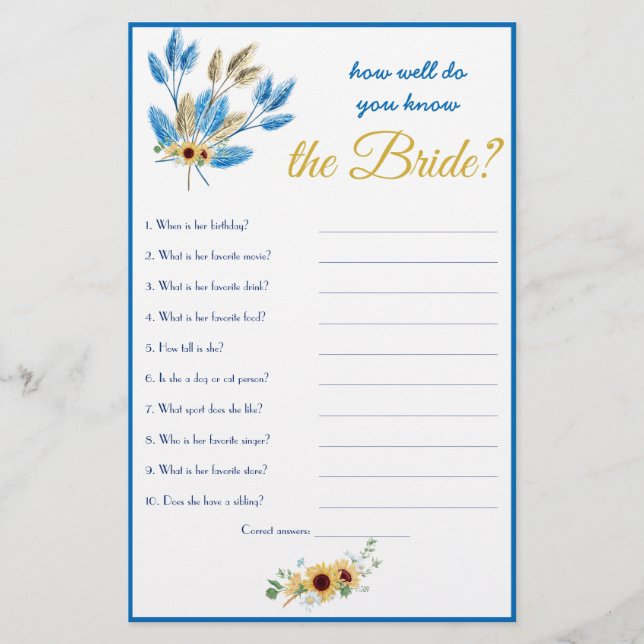 How Well Know the Bride? Bridal Shower Game Flyer (Front)