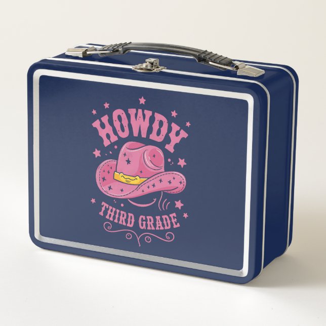 Howdy 3rd Grade Cowboy Cowgirl Back To School Metal Lunch Box (Front)
