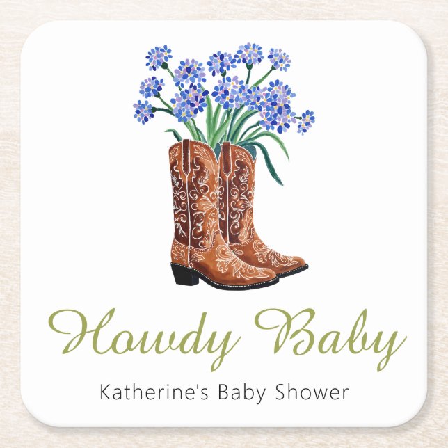 Howdy Baby Bluebonnets Cowboy Baby Shower Square Paper Coaster (Front)