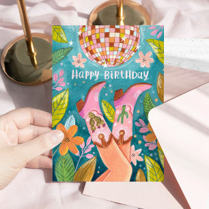 Howdy Birthday Pink Cowgirl Boots Disco Party Card