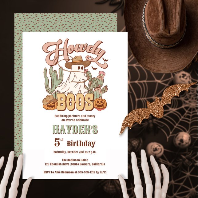 Howdy Boos Ghost Halloween Birthday Party Invitation ("Howdy Boos" Halloween western-themed gender-neutral birthday party design)