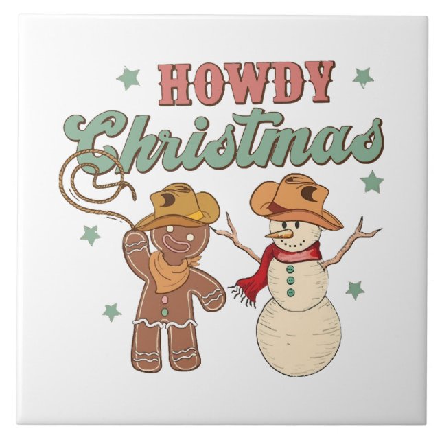 Howdy Christmas Cowboy Snowman Western Funny Ceramic Tile (Front)