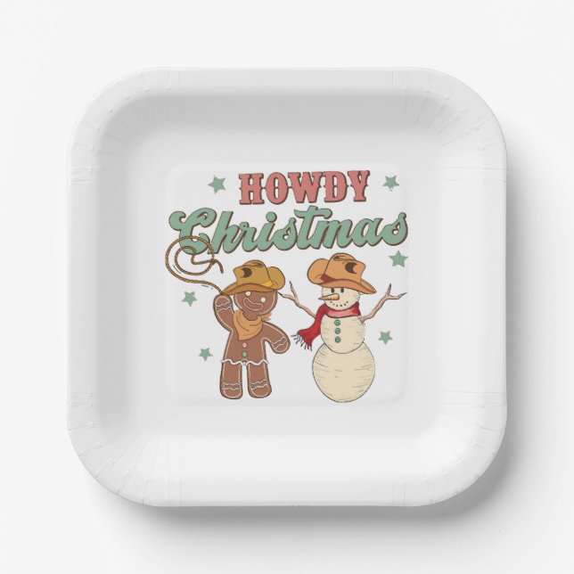 Howdy Christmas Cowboy Snowman Western Funny Paper Plate (Front)