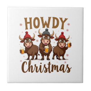 Howdy Christmas Funny Highland Cow Xmas Cows Lover Ceramic Tile