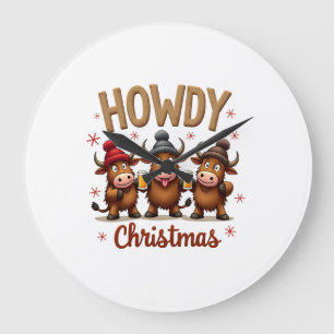 Howdy Christmas Funny Highland Cow Xmas Cows Lover Large Clock