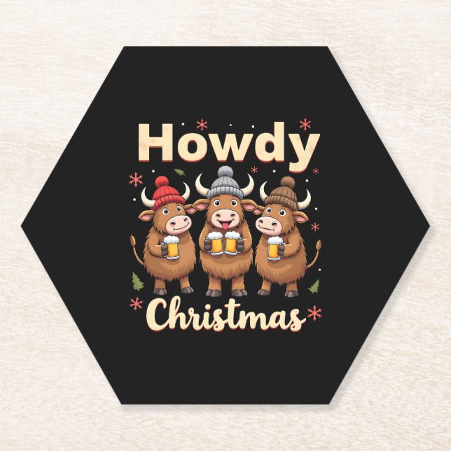 Howdy Christmas Funny Highland Cow Xmas Cows Lover Paper Coaster (Front)