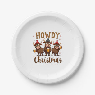 Howdy Christmas Funny Highland Cow Xmas Cows Lover Paper Plate
