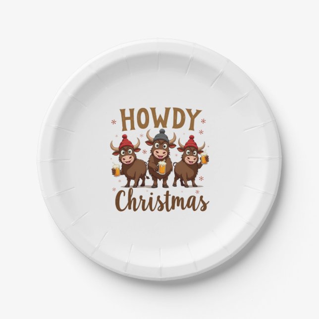 Howdy Christmas Funny Highland Cow Xmas Cows Lover Paper Plate (Front)