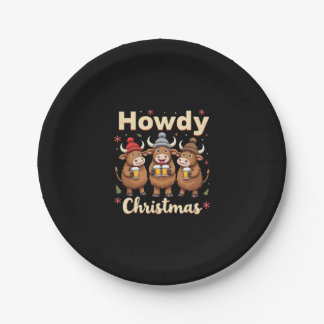 Howdy Christmas Funny Highland Cow Xmas Cows Lover Paper Plate