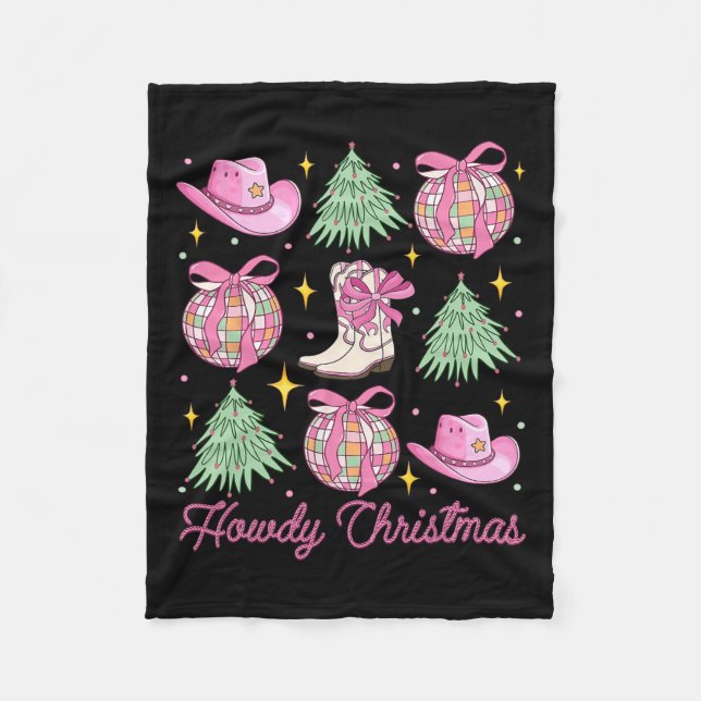 Howdy Christmas Pink Coquette Bow Xmas Tree Wester Fleece Blanket (Front)