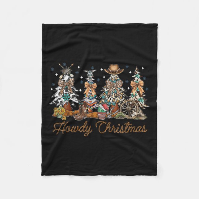 Howdy Christmas Tree Coquette Cow Bow Western Xmas Fleece Blanket (Front)
