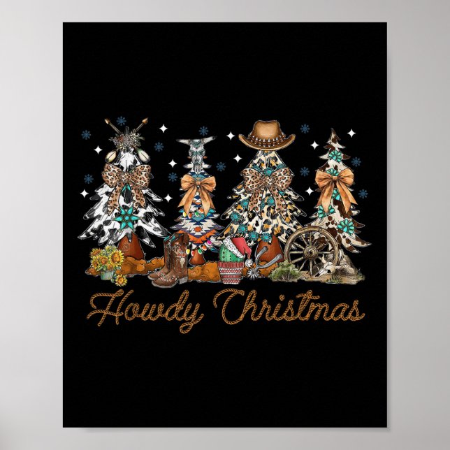 Howdy Christmas Tree Coquette Cow Bow Western Xmas Poster (Front)