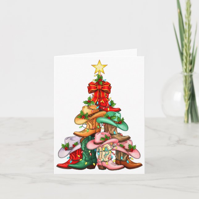 Howdy Christmas Tree Western Cowgirl Boots Xmas Li Card (Front)