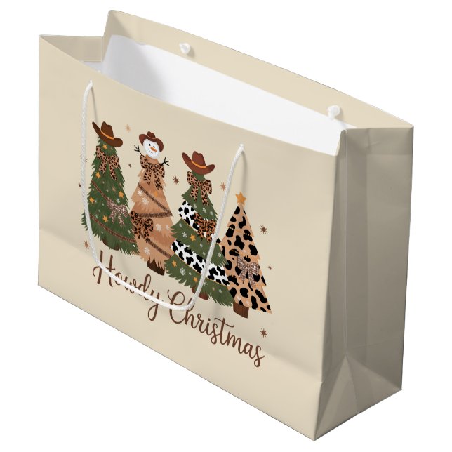 Howdy Christmas Western Retro Tree Cowboy Cowgirl  Large Gift Bag (Front Angled)