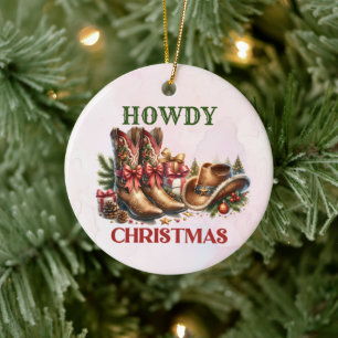 Howdy Cowboy Boots Christmas Party Ceramic Ornament