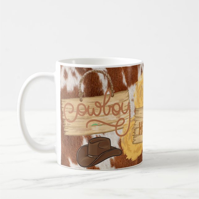 Howdy Cowboy Cowhide Themed  Personalised Mug (Left)