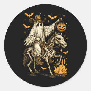 Howdy Cowboy Ghost Pumpkin Riding Skeleton Horse H Classic Round Sticker