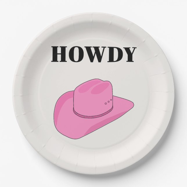 Howdy Cowboy Hat Pink Paper Plate (Front)