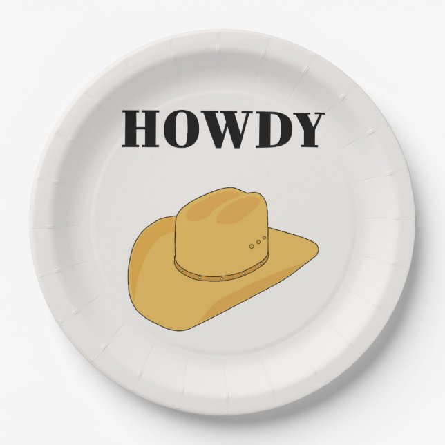 Howdy Cowboy Hat Yellow Paper Plate (Front)