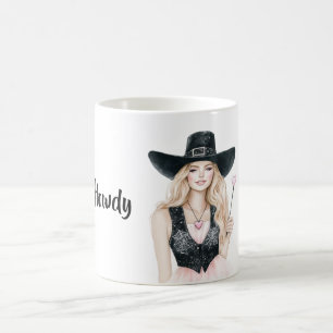 Howdy Cowgirl Black Hat Blonde Pink Heart Skirt Coffee Mug