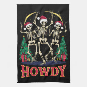 Howdy Dancing Skeleton Funny Christmas Holiday Tea Towel