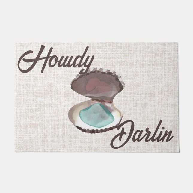 Howdy Darlin Coastal Oyster with Teal Sea Glass Doormat (Front)