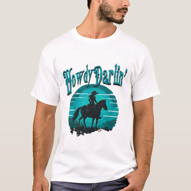 Howdy Darlin’ Western T-Shirt – Retro Cowgirl Suns (Front)