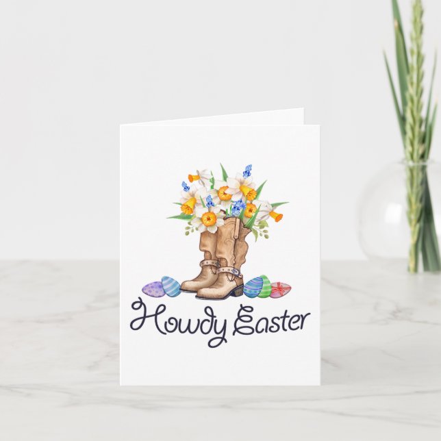 Howdy Easter With Cowboy Boots And Spring Flowers  Card (Front)