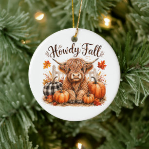 Howdy Fall Highland Cow Happy Thanksgiving Autumn Ceramic Ornament