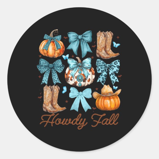 Howdy Fall Western Pumpkin Coquette Bow Pumpkin  Classic Round Sticker (Front)
