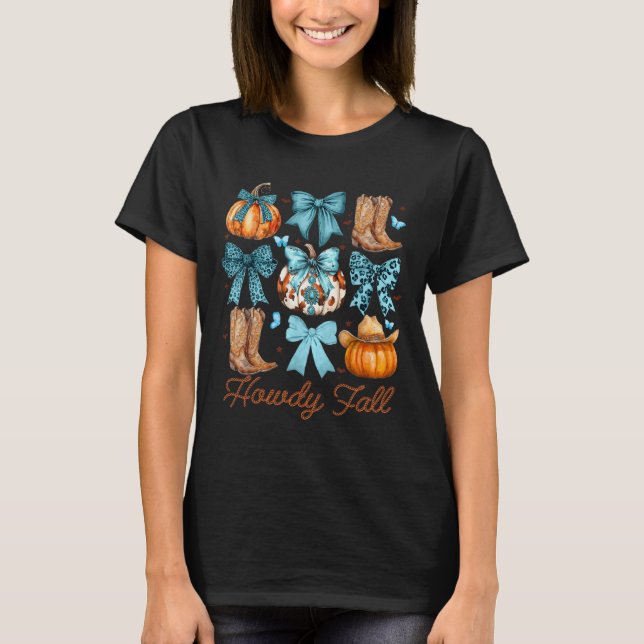 Howdy Fall Western Pumpkin Coquette Bow Pumpkin  T-Shirt (Front)