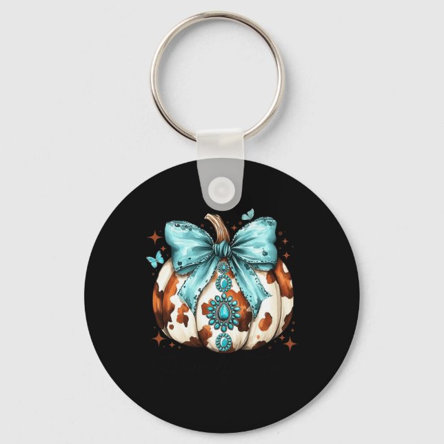 Howdy Fall Western Pumpkin Halloween Cowhide Pumpk Key Ring (Front)