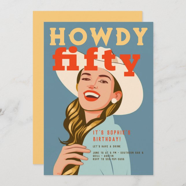 Howdy Fifty Western Retro Chic Blue 50th Birthday Invitation (Front/Back)