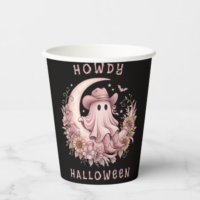 Howdy Halloween Boho Western Ghost on Moon Paper Cups (Front)