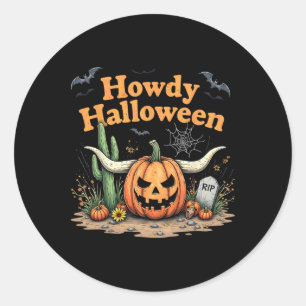 Howdy Halloween Pumpkin Skull Desert Western Scene Classic Round Sticker