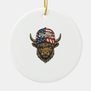 Howdy Highland Cow Patriotic Vintage Western Desig Ceramic Ornament
