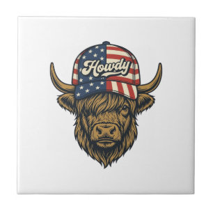 Howdy Highland Cow Patriotic Vintage Western Desig Ceramic Tile