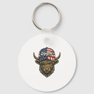 Howdy Highland Cow Patriotic Vintage Western Desig Key Ring