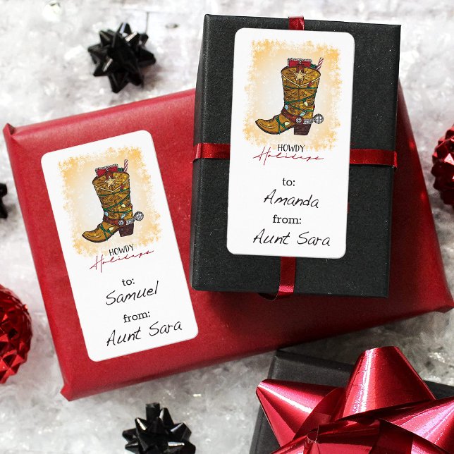 Howdy Holidays Christmas Lights Cowboy Boot Gift Label (Creator Uploaded)