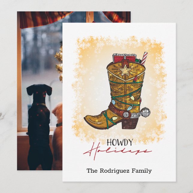 Howdy Holidays Christmas Lights Cowboy Boot Holiday Card (Front/Back)