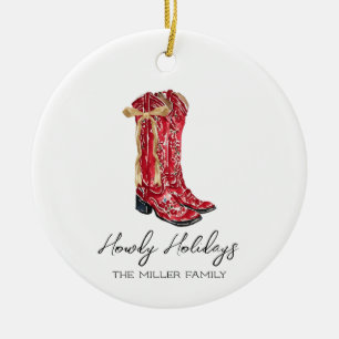 Howdy Holidays Cowgirl Ceramic Ornament