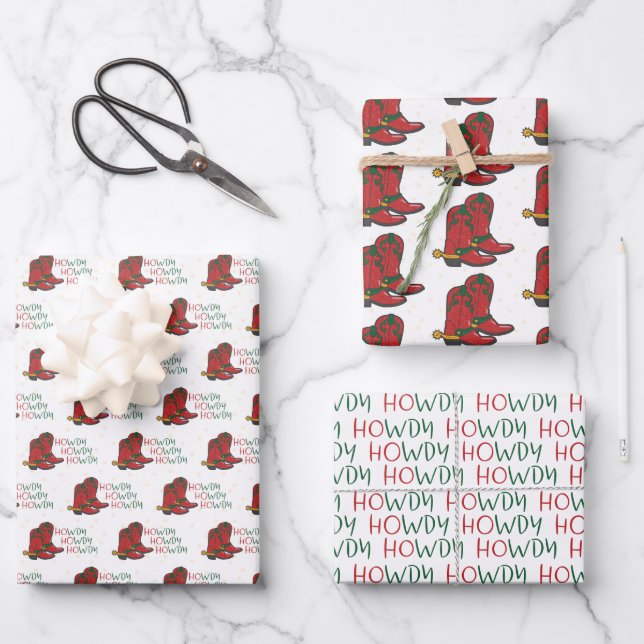 HOwdy HOwdy HOwdy Christmas Cowboy Boots Wrapping Paper Sheet (Front)