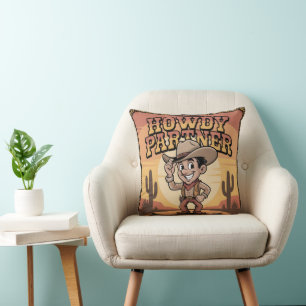 "Howdy Partner" Retro Cowboy Sunset Illustration Cushion
