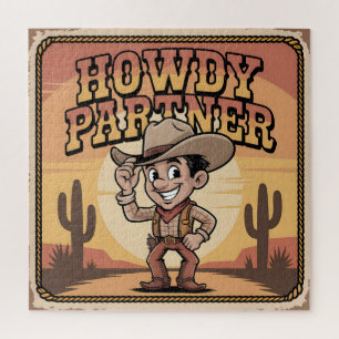"Howdy Partner" Retro Cowboy Sunset Illustration Jigsaw Puzzle