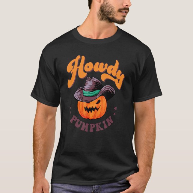 Howdy Pumpkin Retro Halloween Western Country Fall T-Shirt (Front)