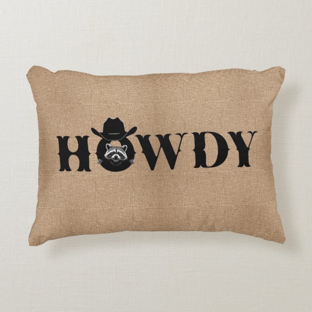 Howdy Racoon Cowboy Hat Rustic Decorative Cushion (Front)